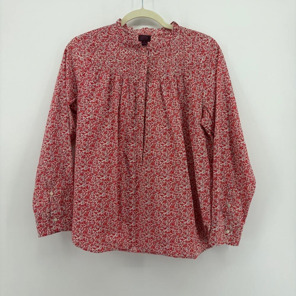 J.Crew Womens 6 Red Floral Blouse Liberty Fabric Ruffle Neck Pintuck Long Sleeve